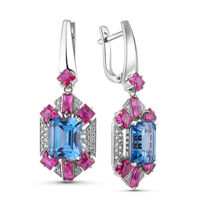 Серьги с бриллиантами, рубинами и шпинелью из белого золота 585 пробы