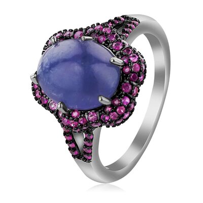 Кольцо с корундами и танзанитами из серебра 925 пробы