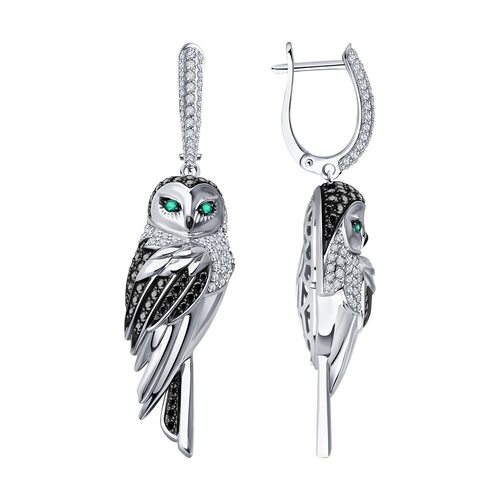 Серьги "Совы" с изумрудами и бриллиантами из белого золота 585 пробы