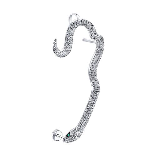 Серьга "Змея"  с бриллиантами и изумрудами из белого золота 585 пробы