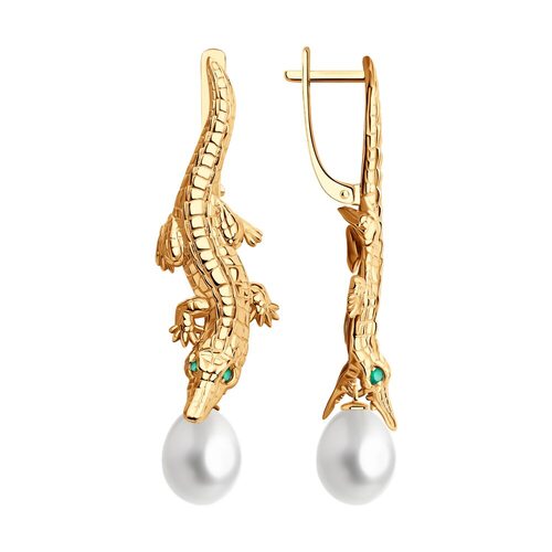 Серьги "Крокодилы" с жемчугом и агатом из золота 585 пробы