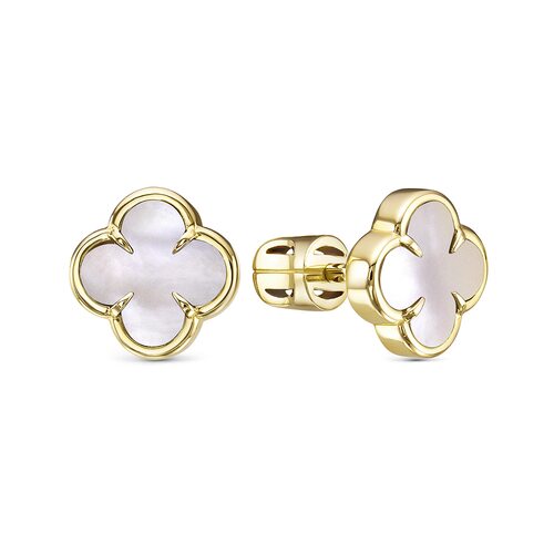 Серьги "Клевер" с перламутром из желтого золота 585 пробы