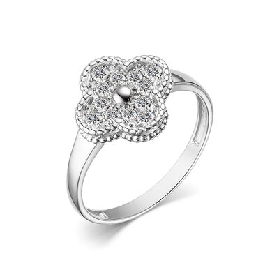 Кольцо "Клевер" с фианитами из белого золота 585 пробы