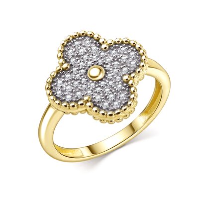 Кольцо "Клевер" с бриллиантами из желтого золота 585 пробы