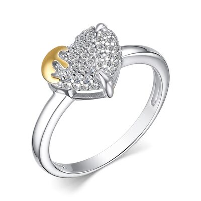 Кольцо "Сердце" с фианитами из серебра 925 пробы с позолотой