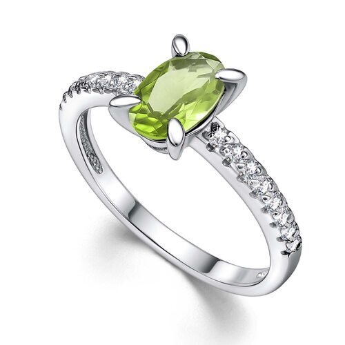 Кольцо с хризолитом и фианитами из серебра 925 пробы