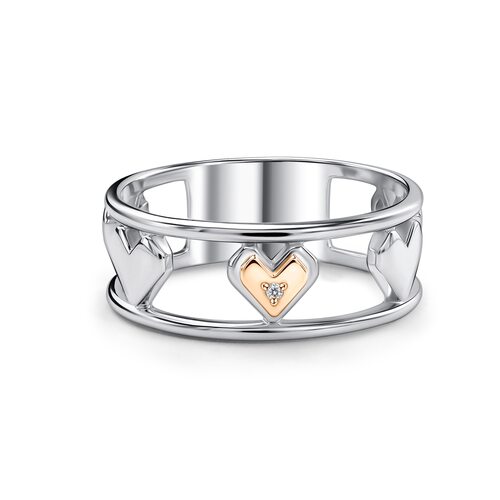 Кольцо "Сердца" с бриллиантом и золотой вставкой из серебра 925 пробы