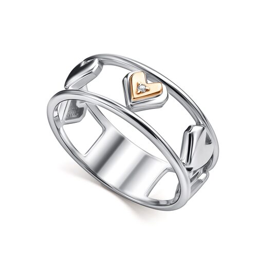 Кольцо "Сердца" с бриллиантом и золотой вставкой из серебра 925 пробы