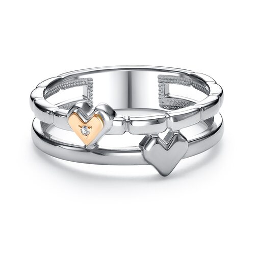 Кольцо "Сердца" с бриллиантом и золотой вставкой из серебра 925 пробы