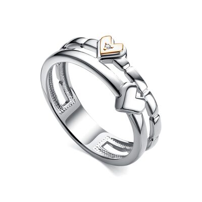 Кольцо "Сердца" с бриллиантом и золотой вставкой из серебра 925 пробы