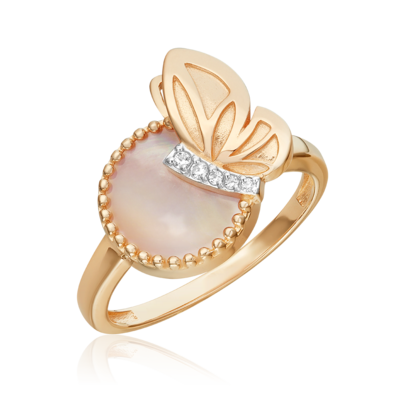 Кольцо "Бабочка" с перламутром и фианитами из золота 585 пробы