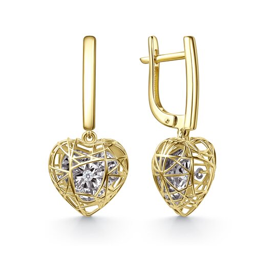 Серьги "Сердца" с танцующими бриллиантами из желтого золота 585 пробы