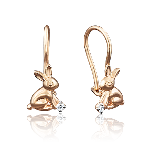 Серьги "Зайчики" с фианитами из золота 585 пробы