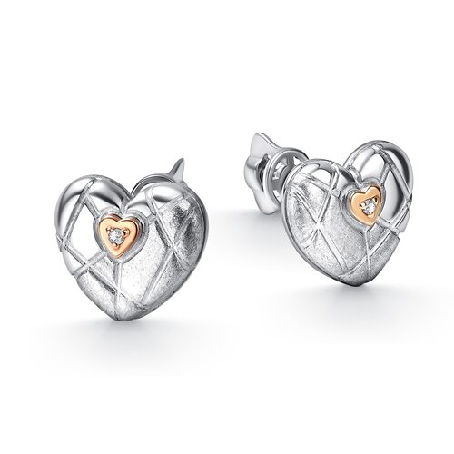 Серьги "Сердца" с бриллиантами и золотой вставкой из серебра 925 пробы