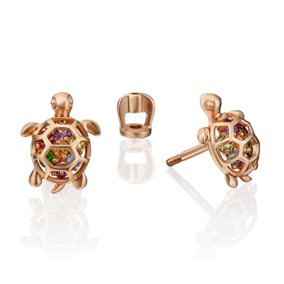 Серьги "Черепашки" с миксом камней из золота 585 пробы