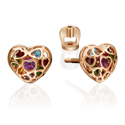 Серьги "Сердце" с миксом камней из золота 585 пробы
