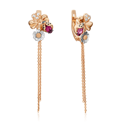 Серьги "Клевер и божья коровка" с гранатами, топазами и эмалью из золота 585 пробы