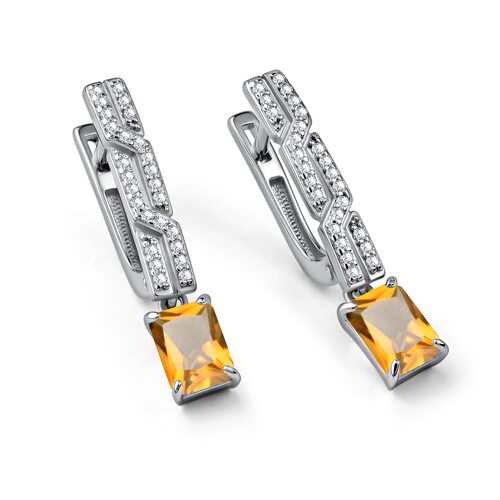 Серьги с цитрином и фианитами из серебра 925 пробы
