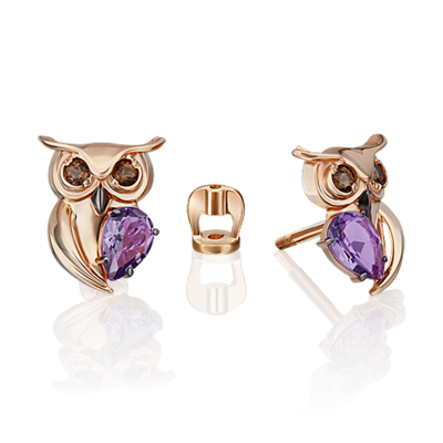 Серьги "Сова" с аметистом и кварцем из золота 585 пробы