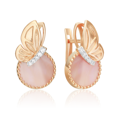 Серьги "Бабочки" с перламутром и фианитами из золота 585 пробы