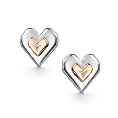 Серьги "Сердца" с бриллиантами и золотой вставкой из серебра 925 пробы