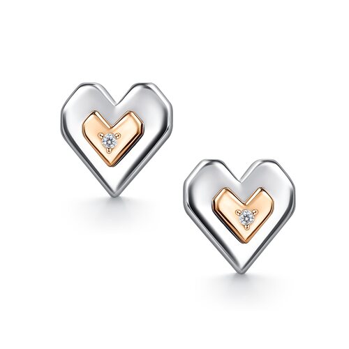 Серьги "Сердца" с бриллиантами и золотой вставкой из серебра 925 пробы