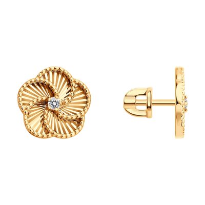 Серьги "Цветы" с фианитами из золота 585 пробы