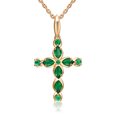 Декоративный крест с изумрудами из золота 585 пробы