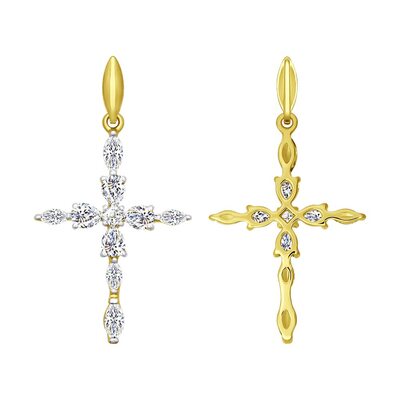 Декоративный крест с фианитами из желтого золота 585 пробы