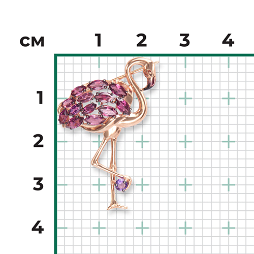 Брошь "Фламинго" с аметистом, гранатом и эмалью из золота 585 пробы