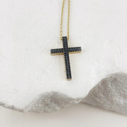 Колье "Крест" с черными бриллиантами из желтого золота 585 пробы