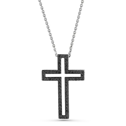 Крест декоративный с черными бриллиантами из белого золота 585 пробы