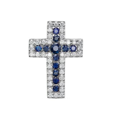 Декоративный крест  с сапфирами и бриллиантами из белого золота 585 пробы