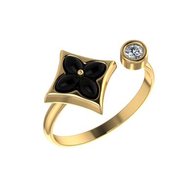 Кольцо "Цветок" с керамикой и фианитом из желтого золота 585 пробы