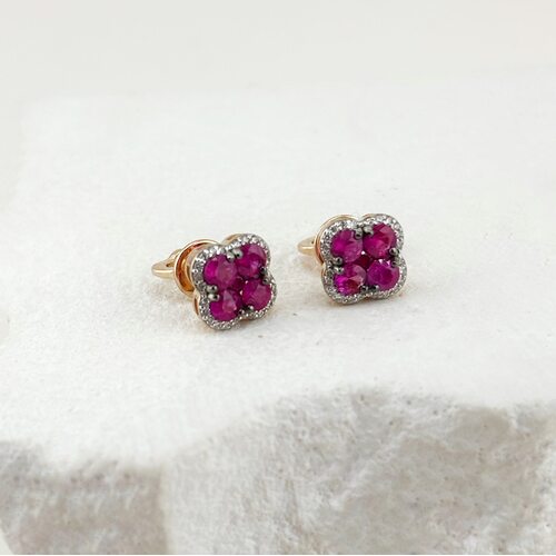 Пусеты "Клевера" с рубинами и бриллиантами из золота 585 пробы