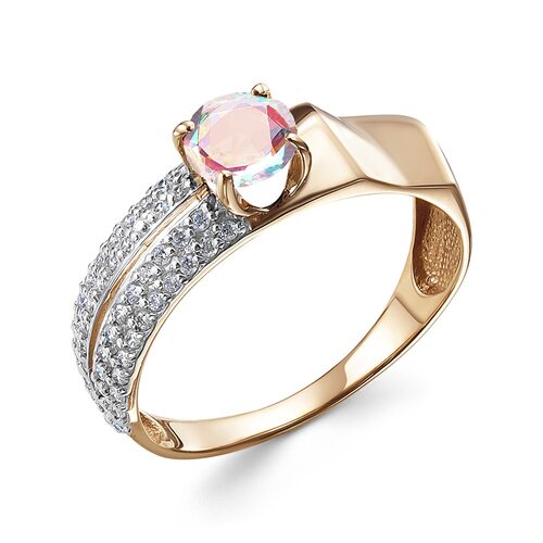 Кольцо с радужным кварцем и фианитами из золота 585 пробы