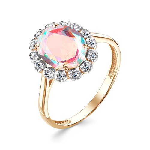 Кольцо с радужным кварцем ситаллом и фианитами из золота 585 пробы