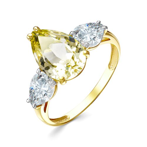 Кольцо с кварцем ситаллом и фианитами из желтого золота 585 пробы