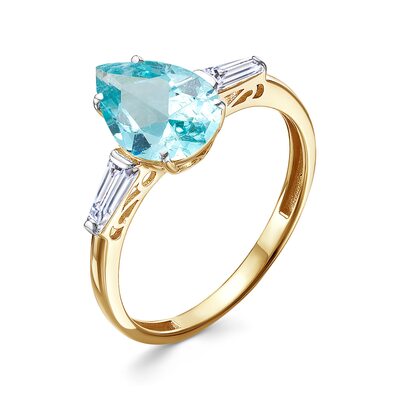 Кольцо с параиба ситаллом и фианитами из желтого золота 585 пробы