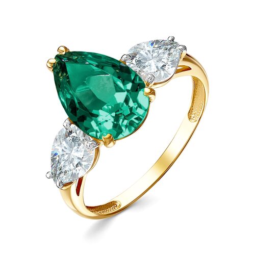 Кольцо с изумрудом и фианитами из золота 585 пробы