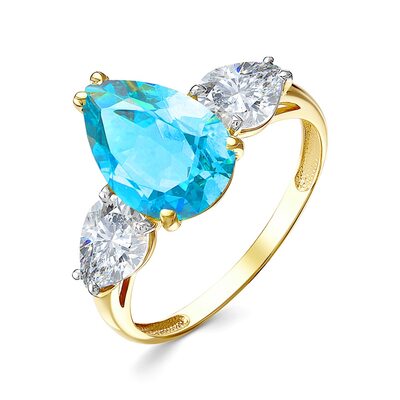 Кольцо с параиба ситаллом и фианитами из желтого золота 585 пробы