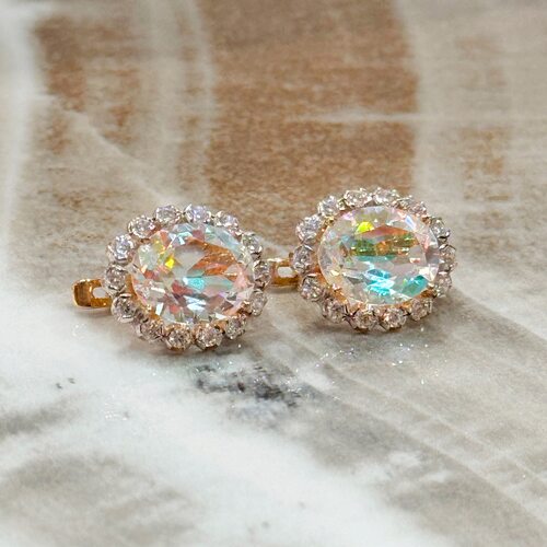 Серьги с кварцем ситаллом и фианитами из золота 585 пробы