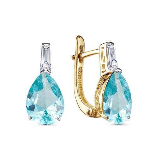 Серьги с параиба ситаллом и фианитами из желтого золота 585 пробы