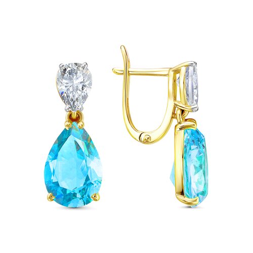 Серьги с параиба ситаллом и фианитами из желтого золота 585 пробы