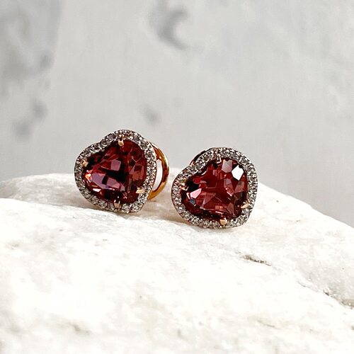 Пусеты "Сердца" с турмалином ситаллом и фианитами из золота 585 пробы