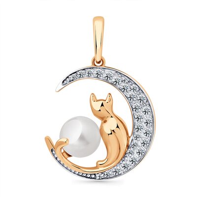 Подвеска "Кот на луне" с жемчугом и фианитами из золота 585 пробы