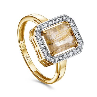 Кольцо с кварцем и бриллиантами из желтого золота 585 пробы