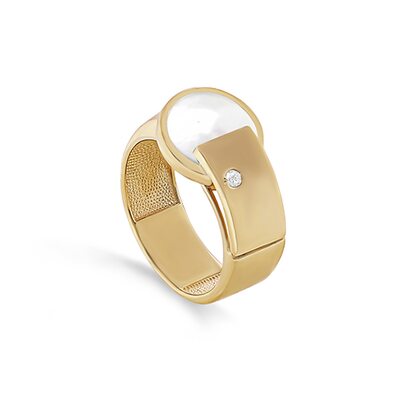 Кольцо с перамутром и бриллиантом из желтого золота 585 пробы