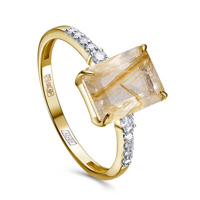 Кольцо с кварцем и бриллиантами из желтого золота 585 пробы