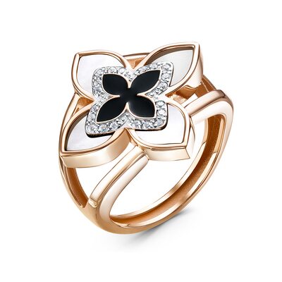 Кольцо "Цветок" с фианитами, перламутром и эмалью из золота 585 пробы